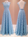 Elegant A Line Lace Appliques Long Blue Open Back Prom Dresses Homecoming Dresses JS919
