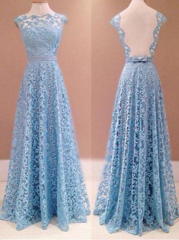 Elegant A Line Lace Appliques Long Blue Open Back Prom Dresses Homecoming Dresses JS919