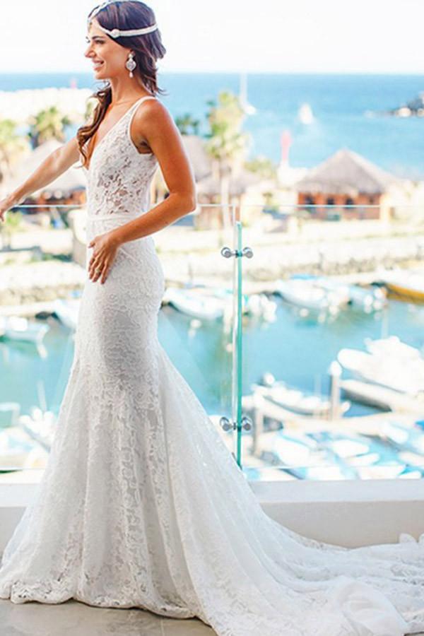 Elegant Mermaid Lace V-neck Court Train Ivory Sleeveless Beach Wedding Dresses UK JS314