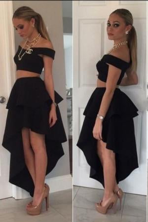 SexyTwo Pieces Modern Off the Shoulder A-Line Princess High Low Satin Homecoming Dresses JS875