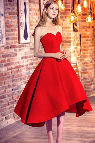 Princess Sweetheart Red Satin with Ruffles Asymmetrical High Low Classic Prom Dresses JS622