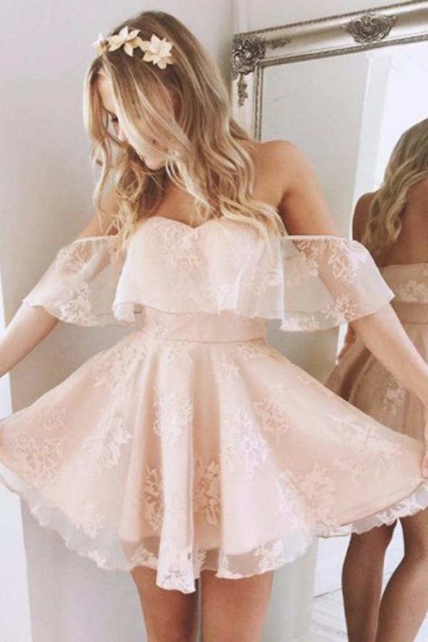 A-Line Off-the-Shoulder Short Pearl Pink Lace Homecoming Dress HG79