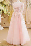 Charming A-Line Appliques Tulle Sexy Long Pink Floor-Length Prom Dresses JS289