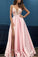 A Line Pink V Neck Sleeveless Spaghetti Straps High Slit Prom Dresses With Appliques JS366