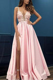 A Line Pink V Neck Sleeveless Spaghetti Straps High Slit Prom Dresses With Appliques JS366