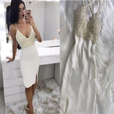 Mermaid Spaghetti Straps V Neck Ivory Beads Short Prom Dress Homecoming Dresses JS855