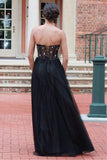 Long Black Sexy Tulle Strapless Lace up Sweetheart A-Line Beads Prom Dresses UK JS422