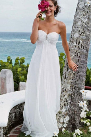 Elegant A-Line Sweetheart White Strapless Chiffon Beach Wedding Dress with Beads JS784