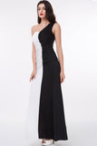 Mermaid Long Black and White Floor Length One Shoulder Beads Ruffles Prom Dresses JS265