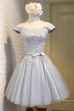 A-Line Off the Shoulder Short Sleeveless Scoop Grey Tulle Lace up Homecoming Dresses JS964