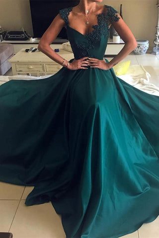 Elegant Beaded Peacock Green V Neck Long Satin Open Back Prom Dresses JS98