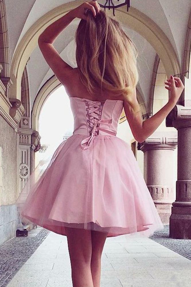 Cute A Line Sweetheart Strapless Tulle Pink Short Prom Dresses Homecoming Dresses JS920