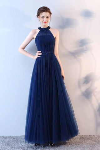 Elegant A-Line Blue Halter Tulle Long Open Back Beads Lace up Prom Dresses UK JS409