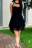 2024 Cute Little Black High Neck Tulle Tea Length Short Prom Dresses Homecoming Dresses JS504