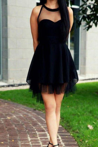 2023 Cute Little Black High Neck Tulle Tea Length Short Prom Dresses Homecoming Dresses JS504