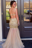 Scoop Floor-Length Tulle Sequins Sleeveless Backless Beading Prom Dresses JS395