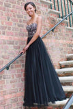 Long Black Sexy Tulle Strapless Lace up Sweetheart A-Line Beads Prom Dresses UK JS422