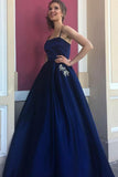 Elegant A-Line Spaghetti Straps Dark Blue Satin Prom Dress with Beading Pockets JS436