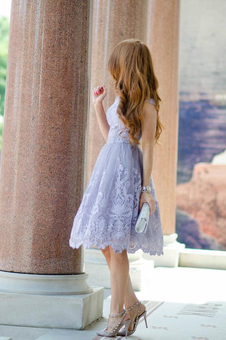 Knee Length Cap Sleeves A-Line Princess Short Lace Junior Homecoming Dress JS128