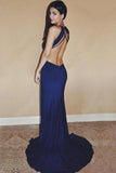 Sexy Royal Blue Chiffon Sleeveless Sweetheart Open Back Split Front Long Prom Dresses JS226
