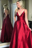 Simple Red V-Neck Spaghetti Straps A-line Long Backless Satin Prom Dresses JS462