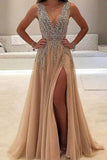 2024 A-line V-neck Nude Tulle with Slit Sexy Shinny Rhinestone Long Prom Dresses JS634