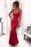 Sexy Low Neck Dark V-Neck Backless Red Satin Mermaid Long Custom Prom Dresses UK JS434