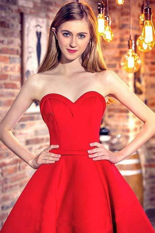 Princess Sweetheart Red Satin with Ruffles Asymmetrical High Low Classic Prom Dresses JS621