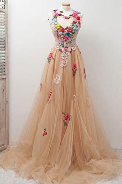A-Line High Neck Round Neck Tulle Applique Open Back Long with Flowers Prom Dresses JS494