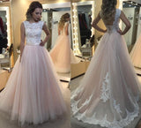 A-Line Light Pink Tulle with White Lace Appliqued Open Back Floor-Length Prom Dresses JS547