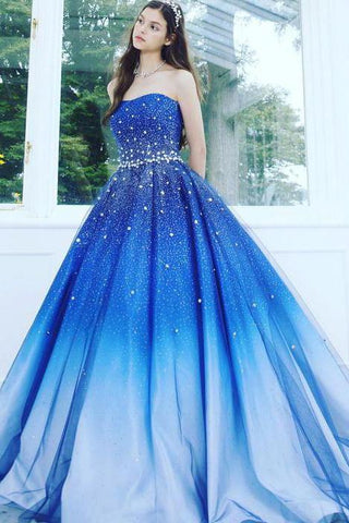 A Line Blue Strapless Sweetheart Ombre Sweep Train Ball Gown Beads Tulle Prom Dresses JS891