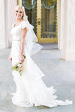 Flowy Beach Short Sleeves Beaded Ivory Belt Temple Chiffon Modest Wedding Dresses JS272