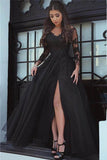 A Line Long Sleeve Slit Black Tulle Lace Appliques Backless Sweetheart Prom Dresses JS38