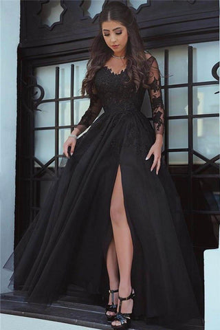 A Line Long Sleeve Slit Black Tulle Lace Appliques Backless Sweetheart Prom Dresses JS38