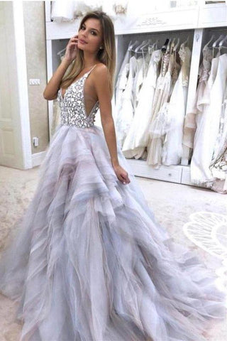 A Line Spaghetti Straps V Neck Silver Tulle Long Wedding Dresses with Rhinestones JS281