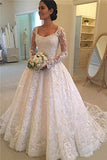 A Line Lace Applique Long Sleeve Sweetheart Covered Button Wedding Dresses JS331