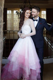 Chic A Line Sweetheart High Low Ombre Organza Long Sleeve V Back Wedding Dress JS324