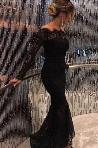 2024 New Style Mermaid Long Sleeves Black Lace Scoop Long Evening Dresses JS762