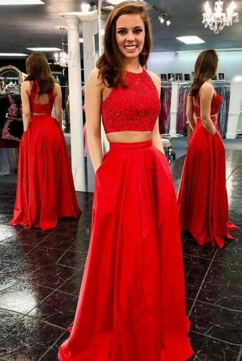 Two Piece Long Hot Sale Beading Red Prom Dresses