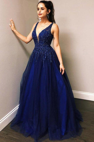 A Line Blue Tulle V Neck Prom Dresses with Beads Sleeveless Prom Dresses JS871
