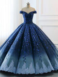 Ball Gown Navy Blue Lace Applique Ombre Off the Shoulder Princess Quinceanera Dresse JS269