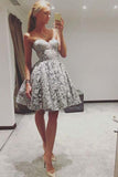 Cute A Line Sweetheart Strapless Open Back Grey Lace Short Homecoming Dresses JS947