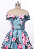 Elegant A-Line Off the Shoulder Sweetheart Lace up Satin with Flowers Prom Dresses UK JS514