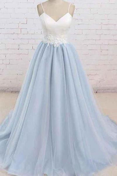A Line Light Blue Spaghetti Straps Prom Dresses Sweetheart Long Evening Dresses JS602