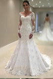Elegant Lace V Neck Neckline Mermaid Long Sleeve Wedding Dresses with Appliques JS69