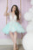 A Line Deep V Neck Tulle Lace Appliques Cute Short Prom Dresses Homecoming Dresses JS908