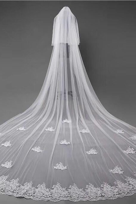 3D Flowers Lace Appliques Tulle Ivory Wedding Veils JS180
