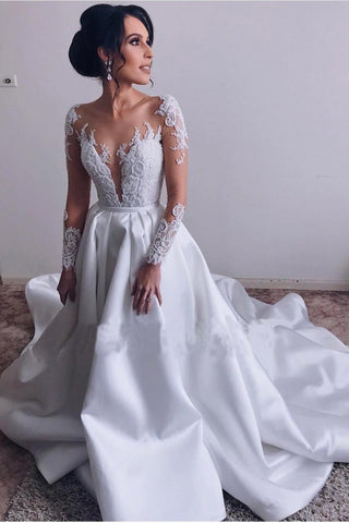 A Lin Ivory Long Sleeve Satin Lace Sweep Train Wedding Dresses Long Bridal Dresses JS410