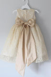 Princess A Line Lace Scoop with Bow Cheap Rustic Flower Girl Dresses JS100