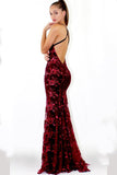 Fashion Spaghetti Straps Burgundy Sequin Mermaid Backless Deep V Neck Prom Dresses JS892